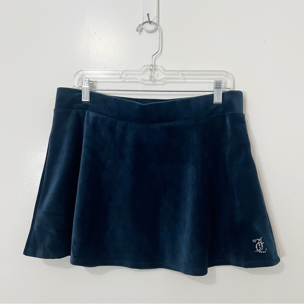 Juicy Couture Navy Blue Velour Rhinestone Logo Skater Mini‎ Skirt Large